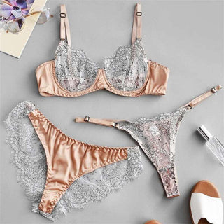 Bra Panties Three - piece Set Women Lace Thin Mesh See - Through Lingerie Set - Diva Melody