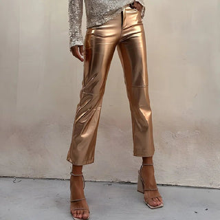 Bright Metallic Fabric Solid Cropped Straight Pants - Diva Melody