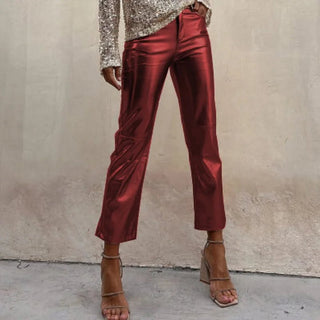 Bright Metallic Fabric Solid Cropped Straight Pants - Diva Melody