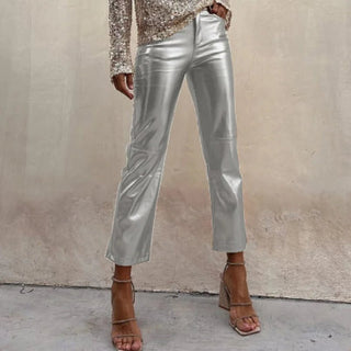 Bright Metallic Fabric Solid Cropped Straight Pants - Diva Melody