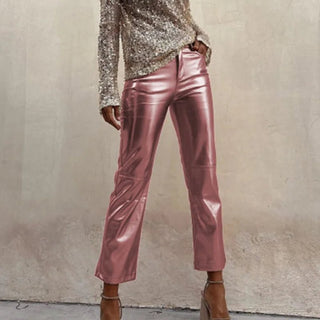 Bright Metallic Fabric Solid Cropped Straight Pants - Diva Melody