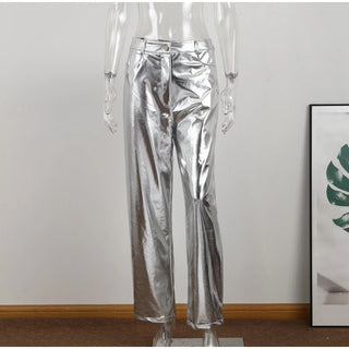 Bright Metallic Shiny Solid Straight Trousers Pants - Diva Melody