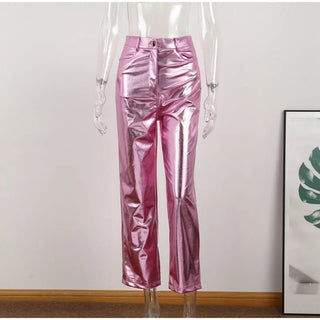 Bright Metallic Shiny Solid Straight Trousers Pants - Diva Melody