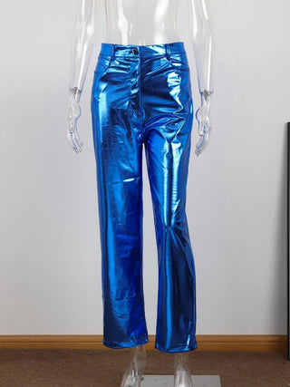 Bright Metallic Shiny Solid Straight Trousers Pants - Diva Melody