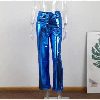 Bright Metallic Shiny Solid Straight Trousers Pants - Diva Melody