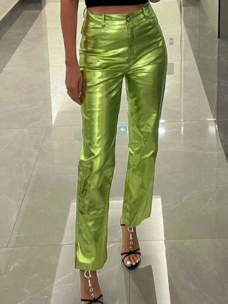 Bright Metallic Shiny Solid Straight Trousers Pants - Diva Melody