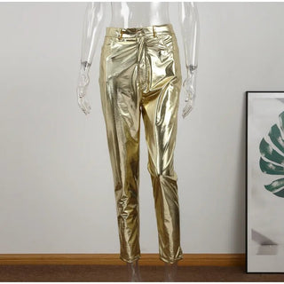 Bright Metallic Shiny Solid Straight Trousers Pants - Diva Melody