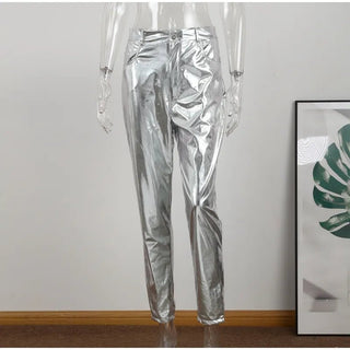 Bright Metallic Shiny Solid Straight Trousers Pants - Diva Melody