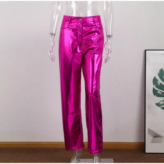 Bright Metallic Shiny Solid Straight Trousers Pants - Diva Melody