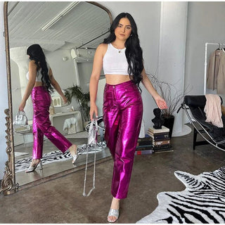 Bright Metallic Shiny Solid Straight Trousers Pants - Diva Melody