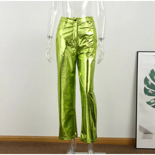 Bright Metallic Shiny Solid Straight Trousers Pants - Diva Melody