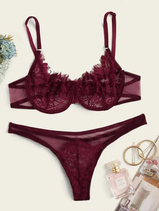 Burgundy Temptation Lace Underwear Set Triangle Cup Sexy Bra Panty Set - Diva Melody