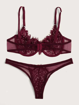 Burgundy Temptation Lace Underwear Set Triangle Cup Sexy Bra Panty Set - Diva Melody