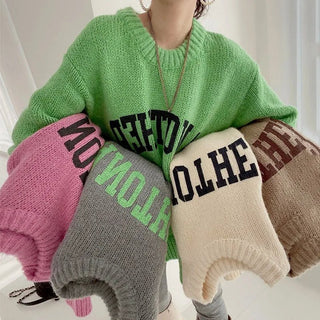 Candy Color Sweater Loose Letter Knitted Pullovers - Diva Melody