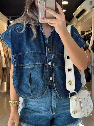 Casual Double Pocket Denim Vest Tops - Diva Melody