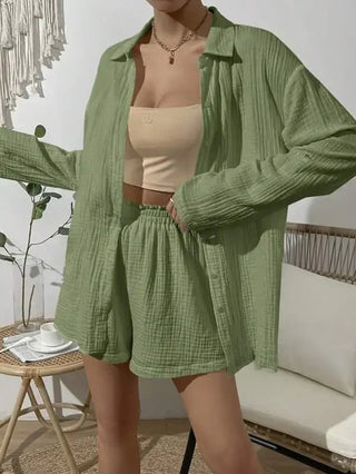 Casual Long Sleeve Shirt & High Waist Mini Shorts Set - Diva Melody