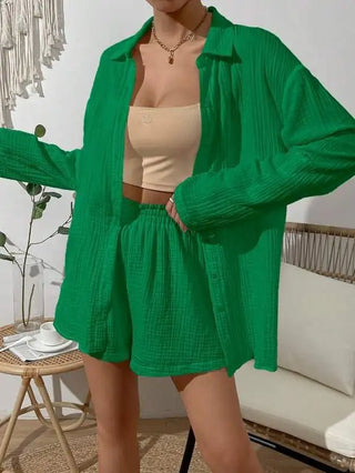 Casual Long Sleeve Shirt & High Waist Mini Shorts Set - Diva Melody