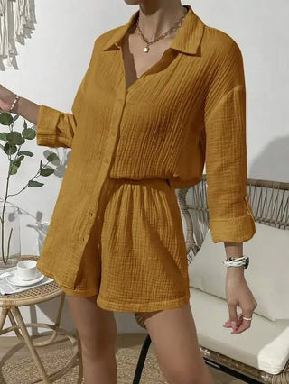 Casual Long Sleeve Shirt & High Waist Mini Shorts Set - Diva Melody