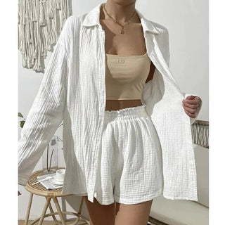 Casual Long Sleeve Shirt & High Waist Mini Shorts Set - Diva Melody