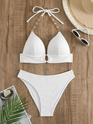 Chain Linked Cut Out Halter Bikini Sexy White Swimwear Beachwear - Diva Melody