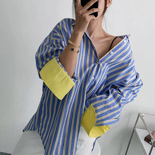 Chic Contrast Striped Loose Long Sleeve Shirts - Diva Melody