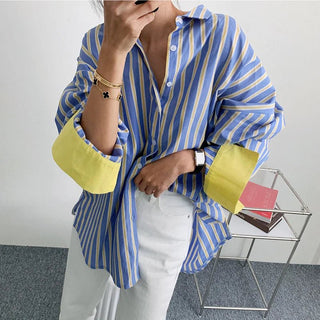 Chic Contrast Striped Loose Long Sleeve Shirts - Diva Melody