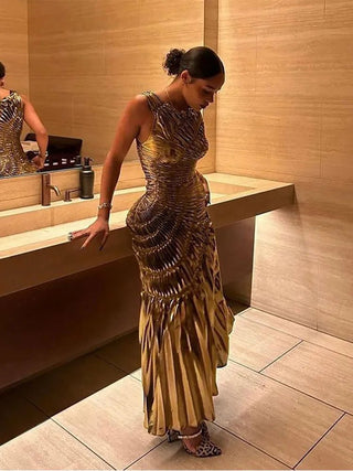 Chic Gold Pleated Bodycon Maxi Dress - Diva Melody