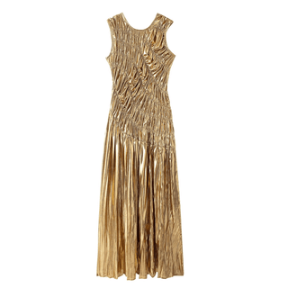 Chic Gold Pleated Bodycon Maxi Dress - Diva Melody