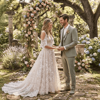 Chic Leaf Lace Boho Wedding Dress - Diva Melody
