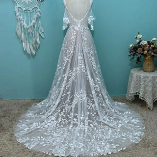 Chic Leaf Lace Boho Wedding Dress - Diva Melody