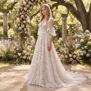 Chic Leaf Lace Boho Wedding Dress - Diva Melody