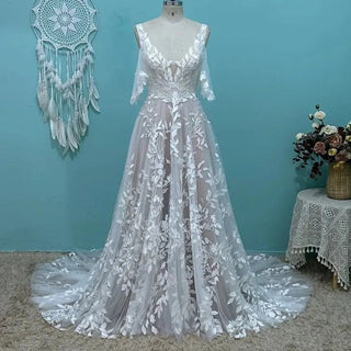 Chic Leaf Lace Boho Wedding Dress - Diva Melody