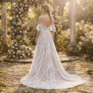 Chic Leaf Lace Boho Wedding Dress - Diva Melody