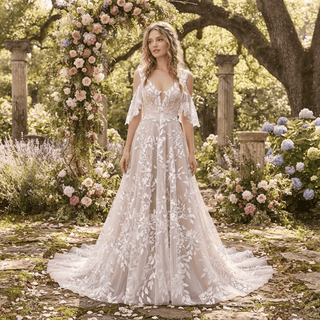Chic Leaf Lace Boho Wedding Dress - Diva Melody