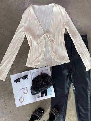 Chic Long Flare Sleeve V - Neck Tie - Up Top - Diva Melody