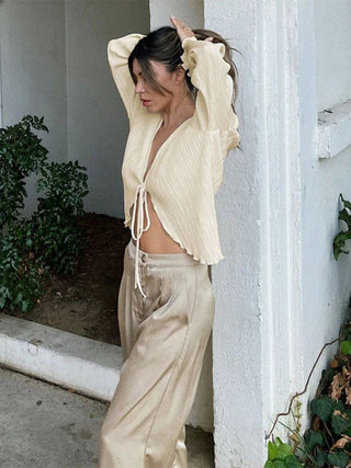 Chic Long Flare Sleeve V - Neck Tie - Up Top - Diva Melody