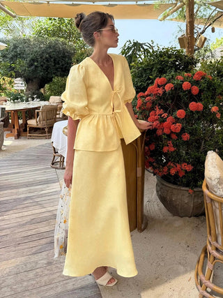 Chic Pastel Puff Sleeve Peplum Two-Piece Set - Diva Melody