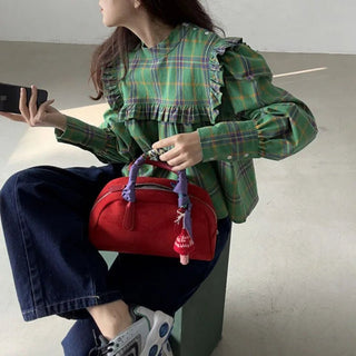 Chic Plaid Puff Sleeve Blouse - Diva Melody