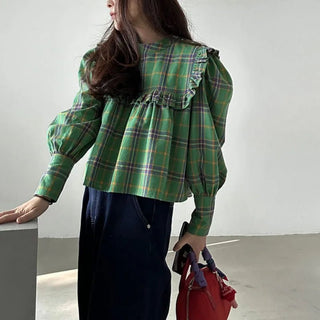 Chic Plaid Puff Sleeve Blouse - Diva Melody
