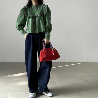 Chic Plaid Puff Sleeve Blouse - Diva Melody