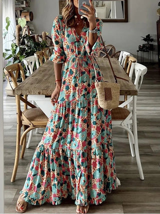 Chic V - Neck Floral Printed Maxi Dress - Diva Melody