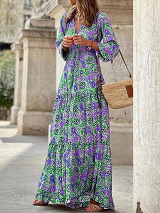 Chic V - Neck Floral Printed Maxi Dress - Diva Melody