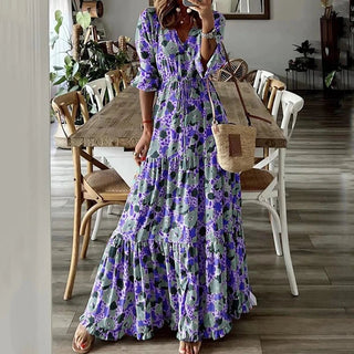 Chic V - Neck Floral Printed Maxi Dress - Diva Melody