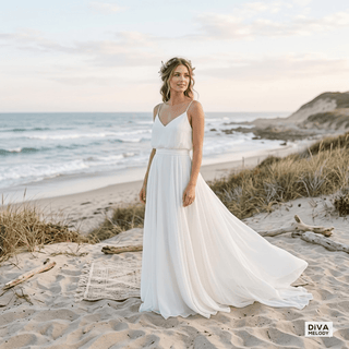 Chiffon Spaghetti Straps Beach Bridal Gown - Diva Melody