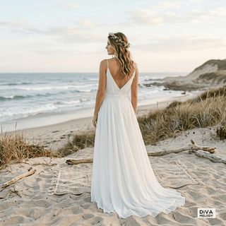 Chiffon Spaghetti Straps Beach Bridal Gown - Diva Melody