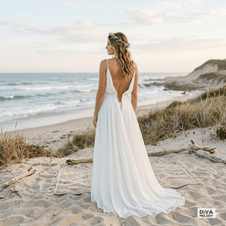 Chiffon Spaghetti Straps Beach Bridal Gown - Diva Melody