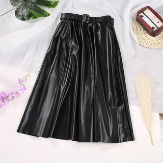 Classic Black Eco Leather Belted Skirts - Diva Melody