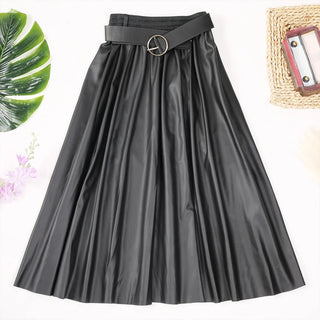 Classic Black Eco Leather Belted Skirts - Diva Melody