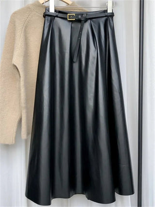 Classic Black Eco Leather Belted Skirts - Diva Melody