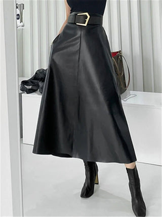 Classic Black Eco Leather Belted Skirts - Diva Melody